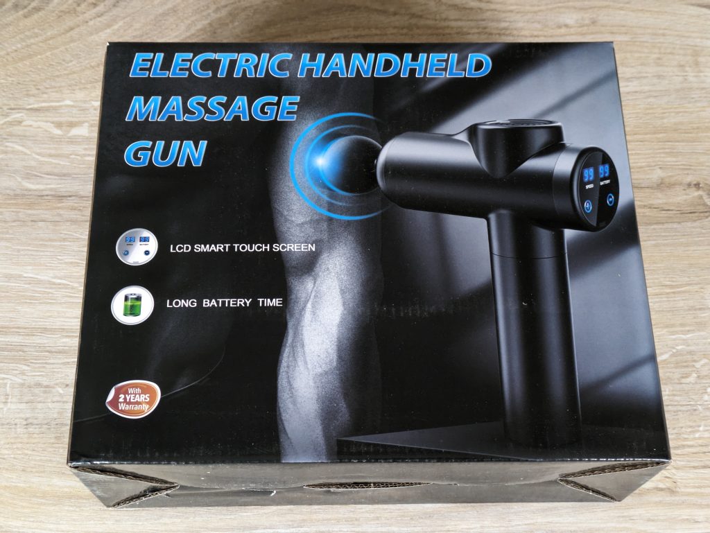 Verpackung der BURNNOVE XH-12V Massagepistole von vorne