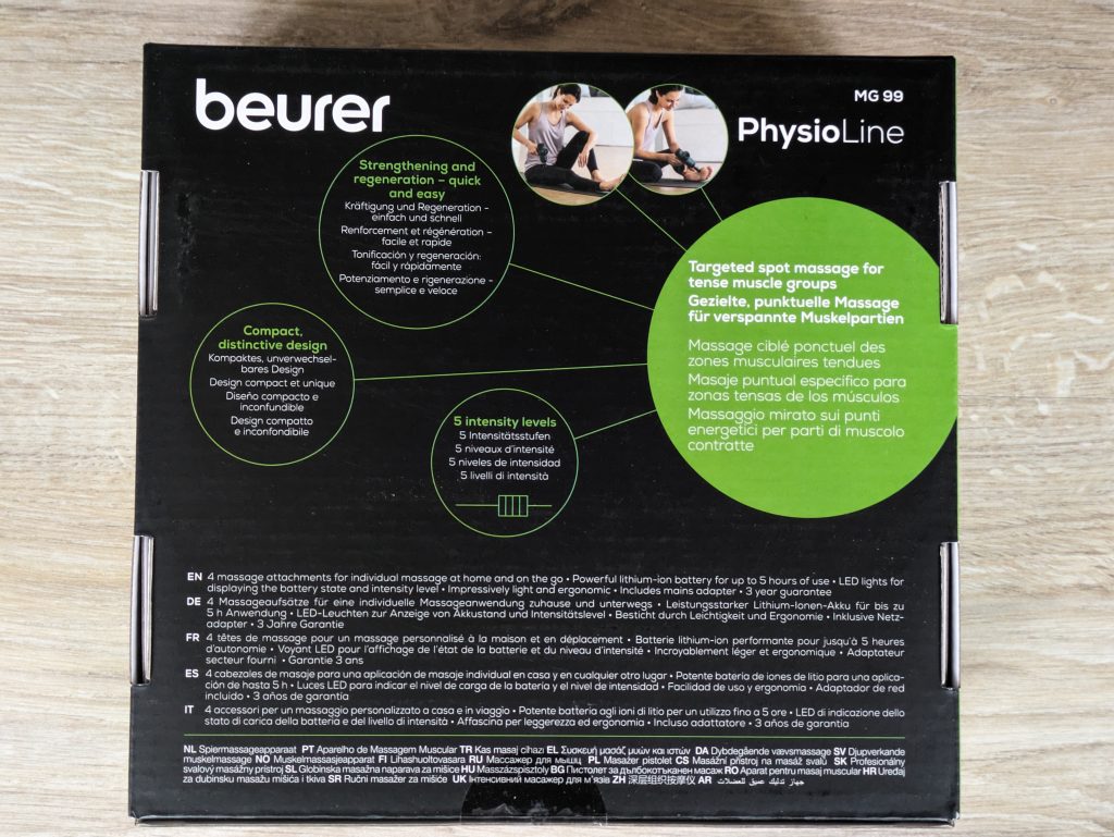 Verpackung der Beurer MG 99 Massagepistole von hinten