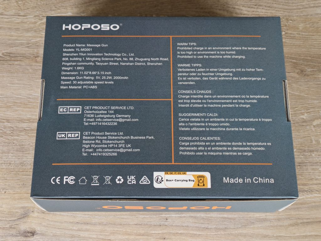 Verpackung der HOPOSO Massagepistole von hinten