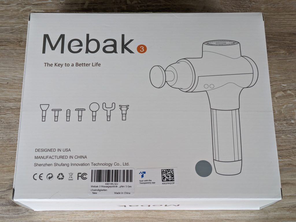 Verpackung der Mebak 3 Massagepistole von hinten