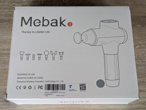 Verpackung der Mebak 3 Massagepistole von hinten