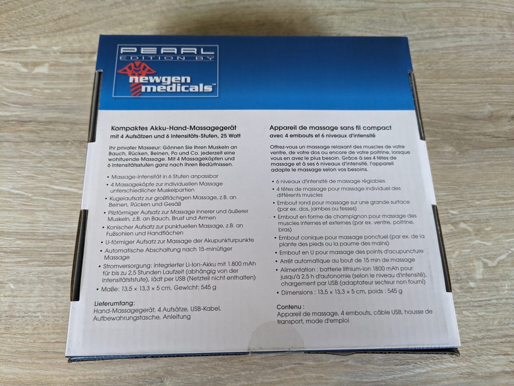 Verpackung der Newgen Medicals ZX-6210-675 Massagepistole von hinten