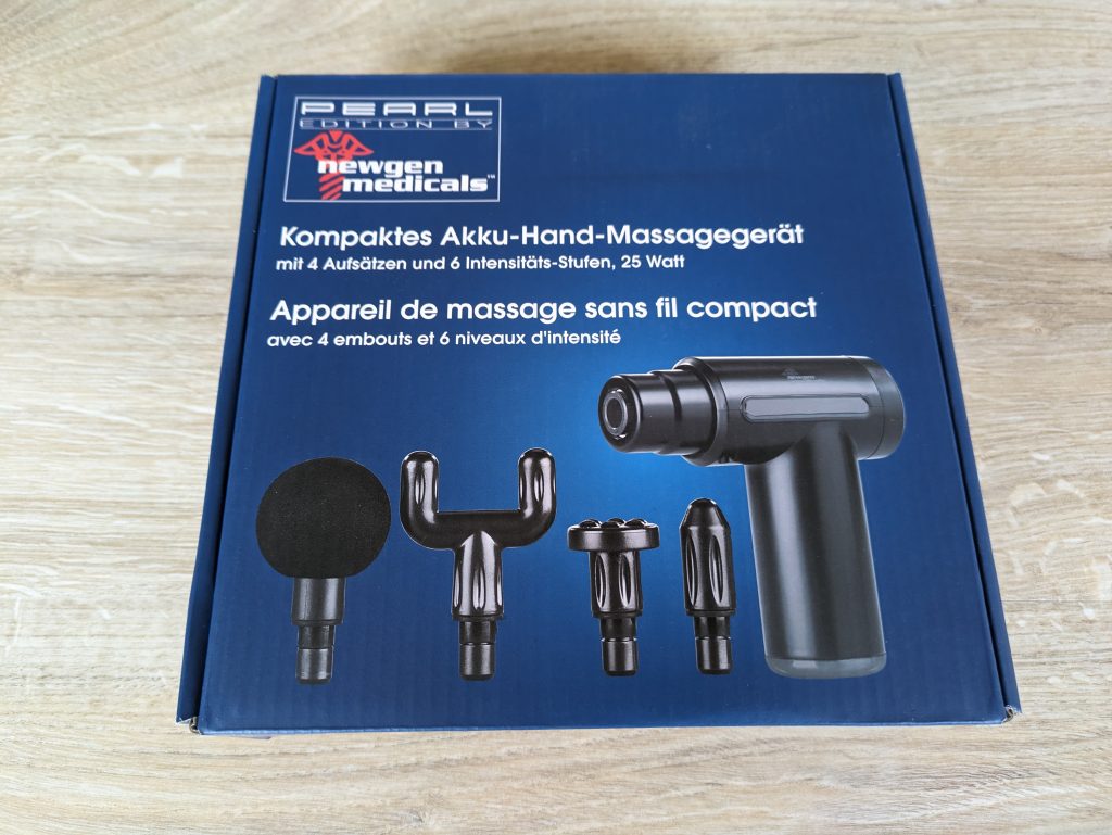 Verpackung der Newgen Medicals ZX-6210-675 Massagepistole von vorne