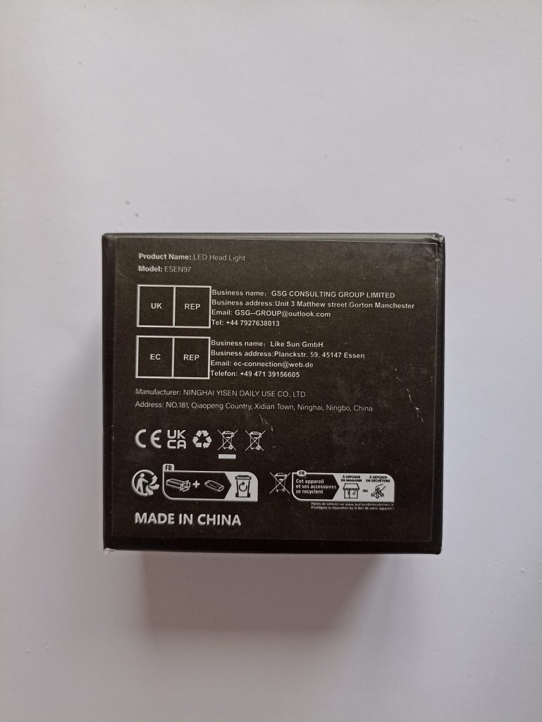 Winzwon WZ6520FR Stirnlampe, Rückseite der Verpackung