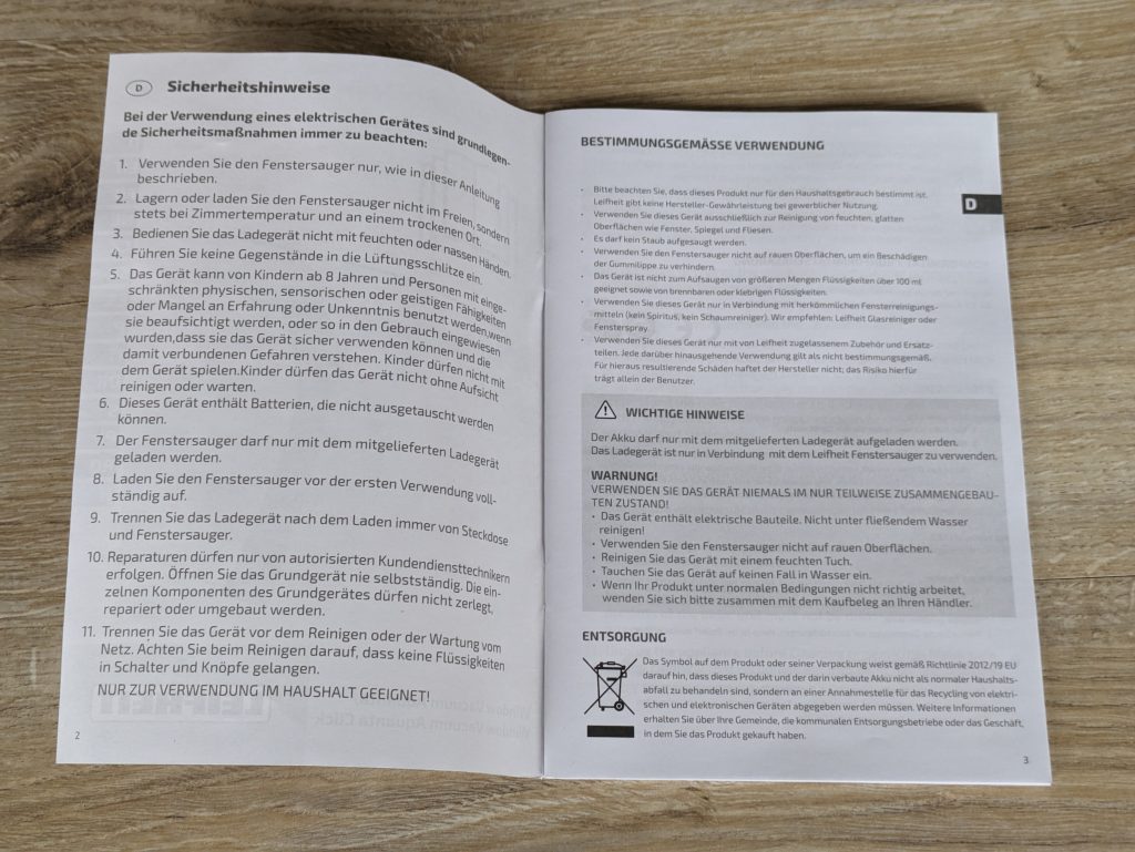 Anleitung des Leifheit Aquanta Click Fenstersaugers geöffnet