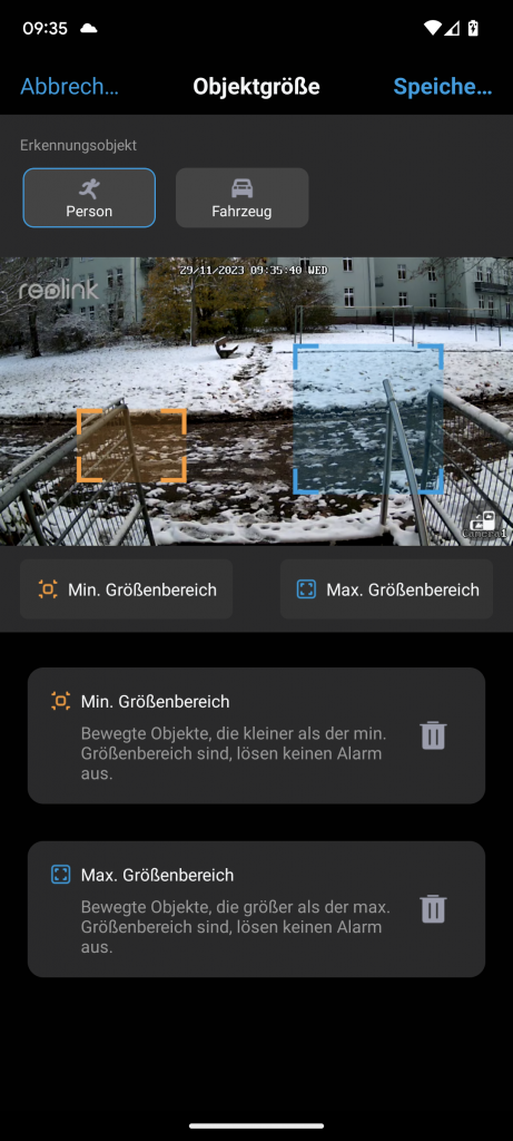 App Einstellungen zur Intelligenten Erkennung des RLK8-800B4 Reolink Überwachungskamera-Sets