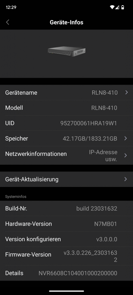 App Infos zum Recorder des RLK8-800B4 Reolink Überwachungskamera-Sets