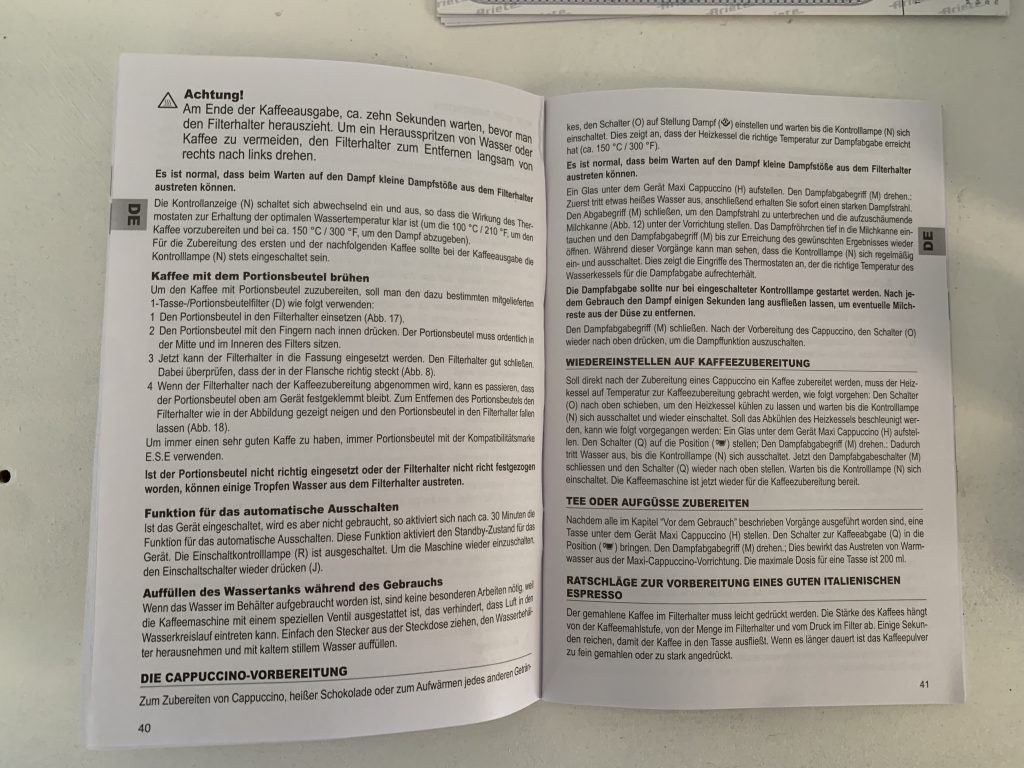 Ariete Vintage Siebträgermaschine Innenansicht Bedienungsanleitung
