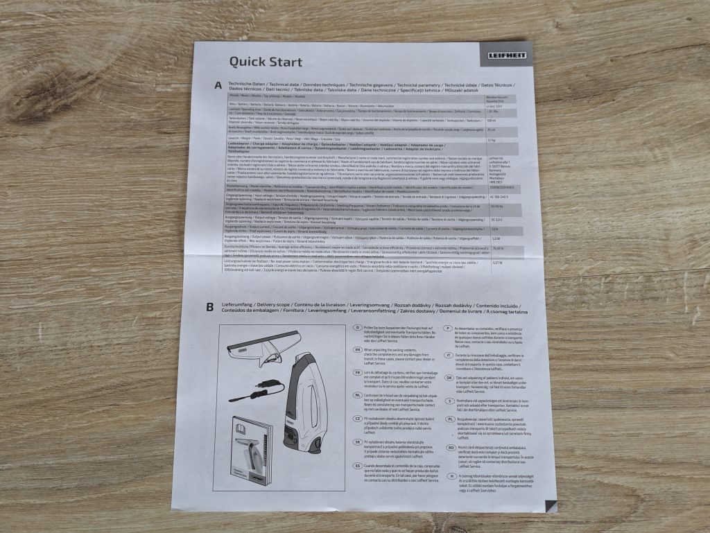 Faltzettel des Leifheit Aquanta Click Fenstersaugers, Ansicht der Vorderseite