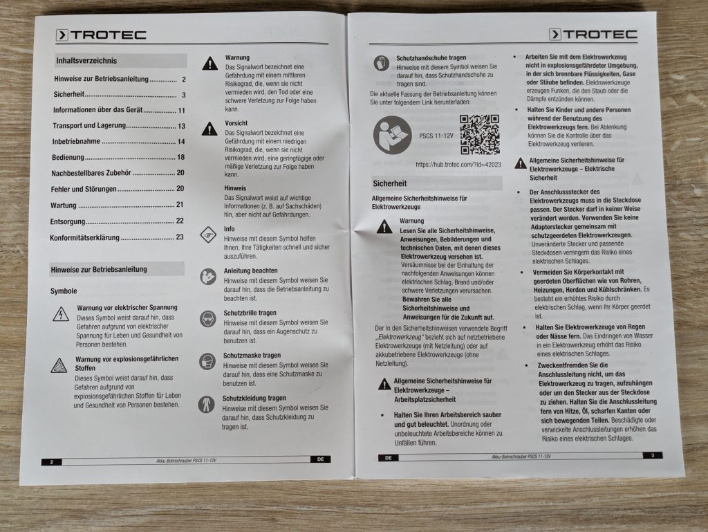 Geöffnete Anleitung des TROTEC PSCS 11-12V Akkuschraubers