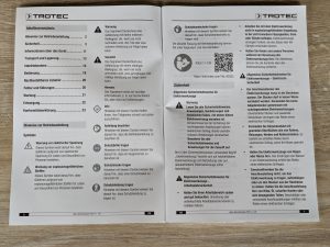 Geöffnete Anleitung des TROTEC PSCS 11-12V Akkuschraubers