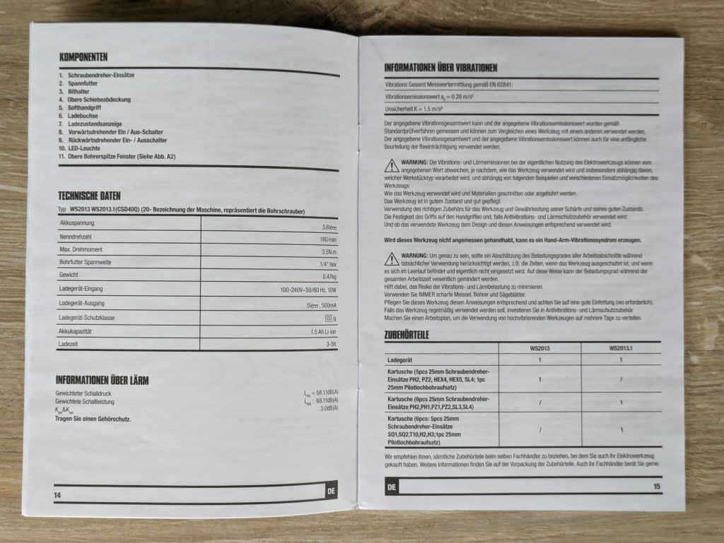 Geöffnete Anleitung des WESCO WS2013 WS2103.1 CSD40Q Akkuschraubers