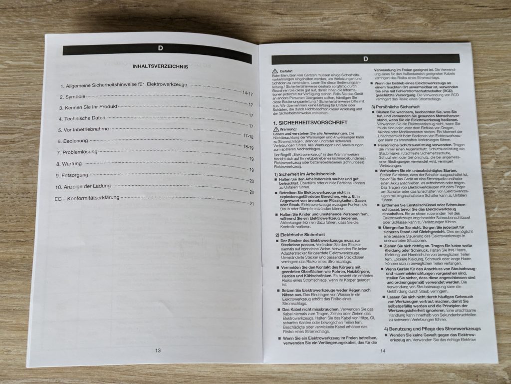 Geöffnete Anleitung des WORKPRO ‎W122039AU Akkuschraubers