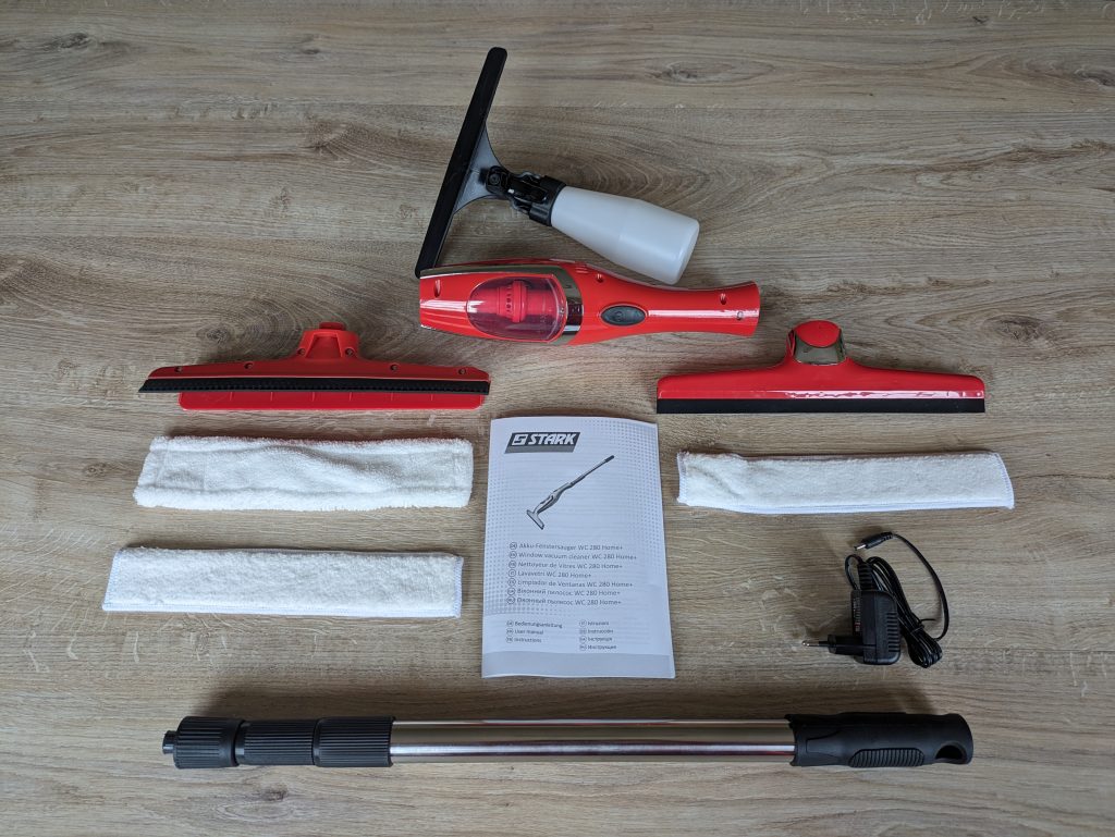Gesamter Lieferumfang des STARK WC 280 Home+ Fenstersaugers