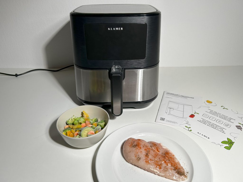 KLAMER Classic Airfryer Heißluftfritteuse mit Garprodukten