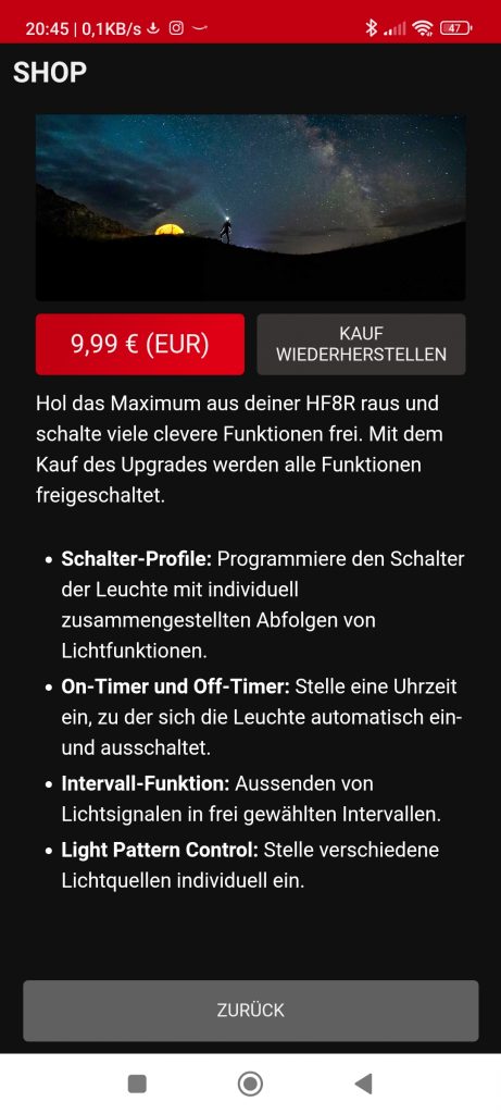 Ledlenser HF8R Stirnlampe, Screenshot App 2
