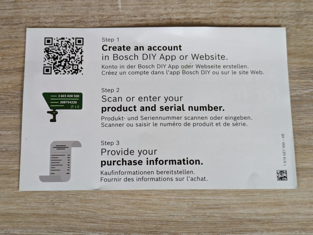 Rückseite des Garantiescheins des Bosch IXO 7. Generation Akkuschraubers