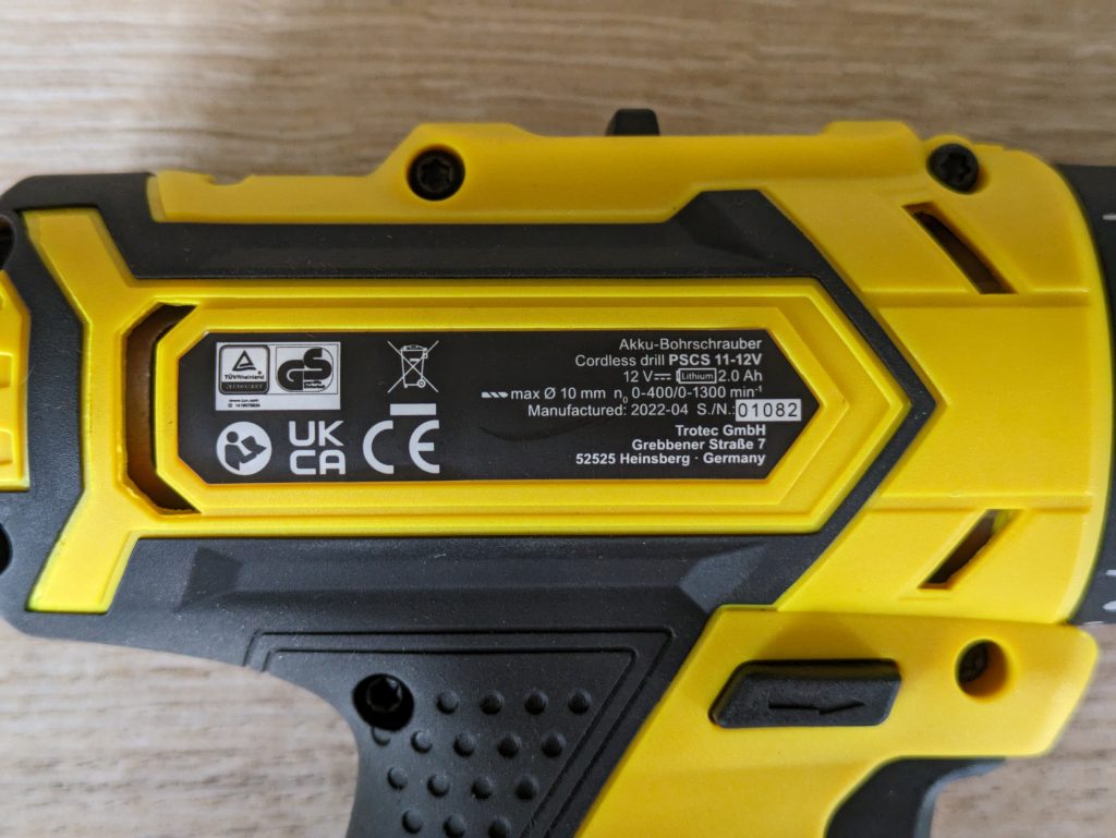 Typschild des TROTEC PSCS 11-12V Akkuschraubers