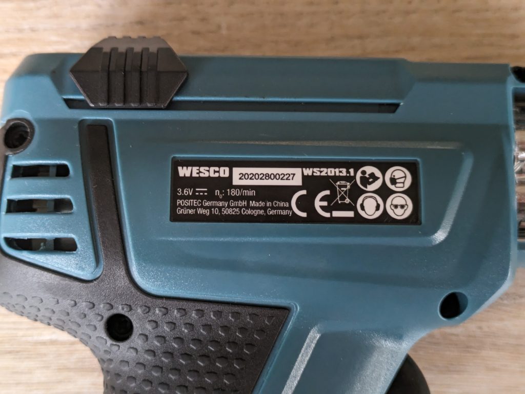 Typschild des WESCO WS2013 WS2103.1 CSD40Q Akkuschraubers