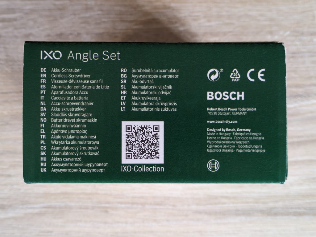Verpackung des Bosch IXO 7. Generation Akkuschraubers von links