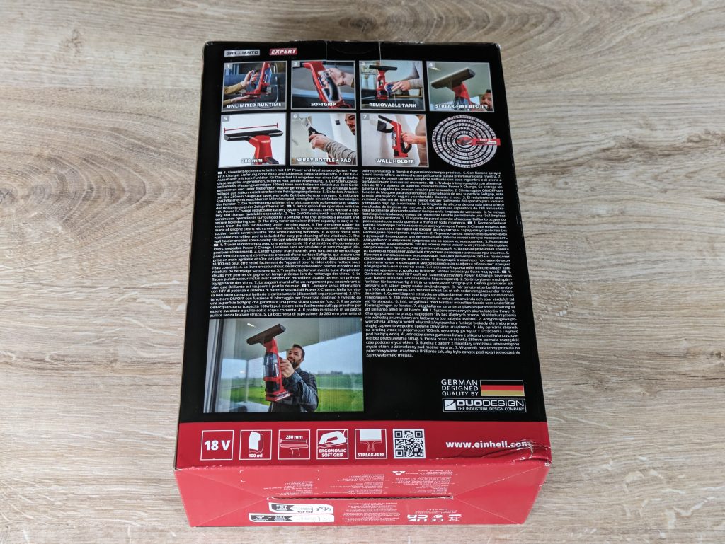 Verpackung des Einhell BRILLIANTO Fensterreinigers von hinten