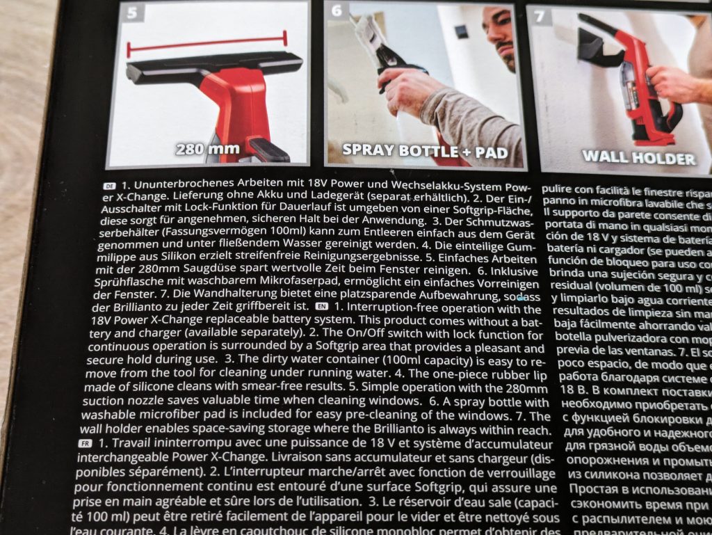 Verpackung des Einhell BRILLIANTO Fensterreinigers von hinten in der Nahansicht v2