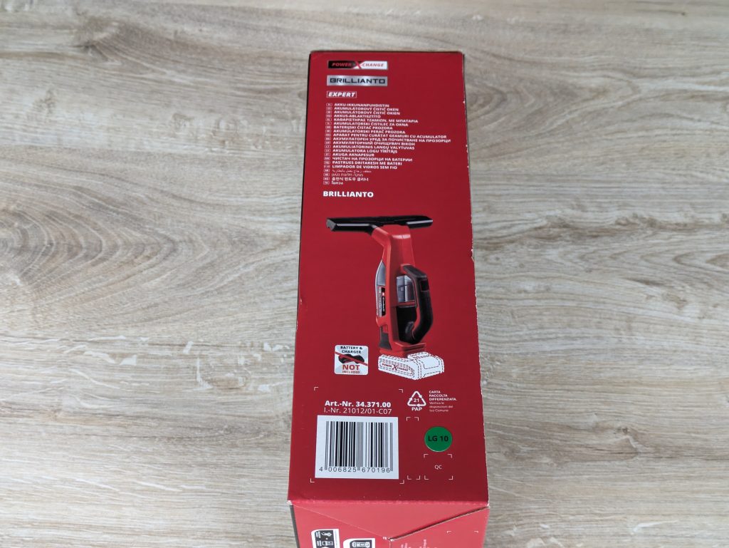 Verpackung des Einhell BRILLIANTO Fensterreinigers von links