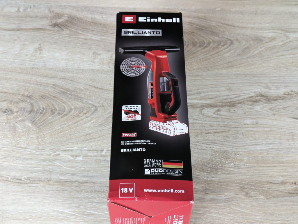 Verpackung des Einhell BRILLIANTO Fensterreinigers von rechts