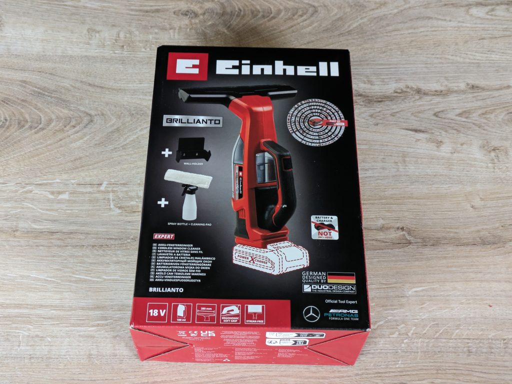 Verpackung des Einhell BRILLIANTO Fensterreinigers von vorne