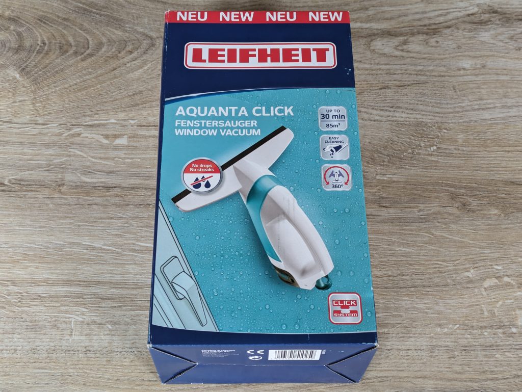Verpackung des Leifheit Aquanta Click Fenstersauger von hinten