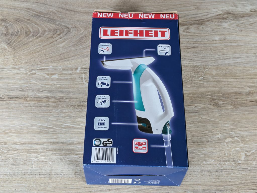 Verpackung des Leifheit Aquanta Click Fenstersauger von vorne