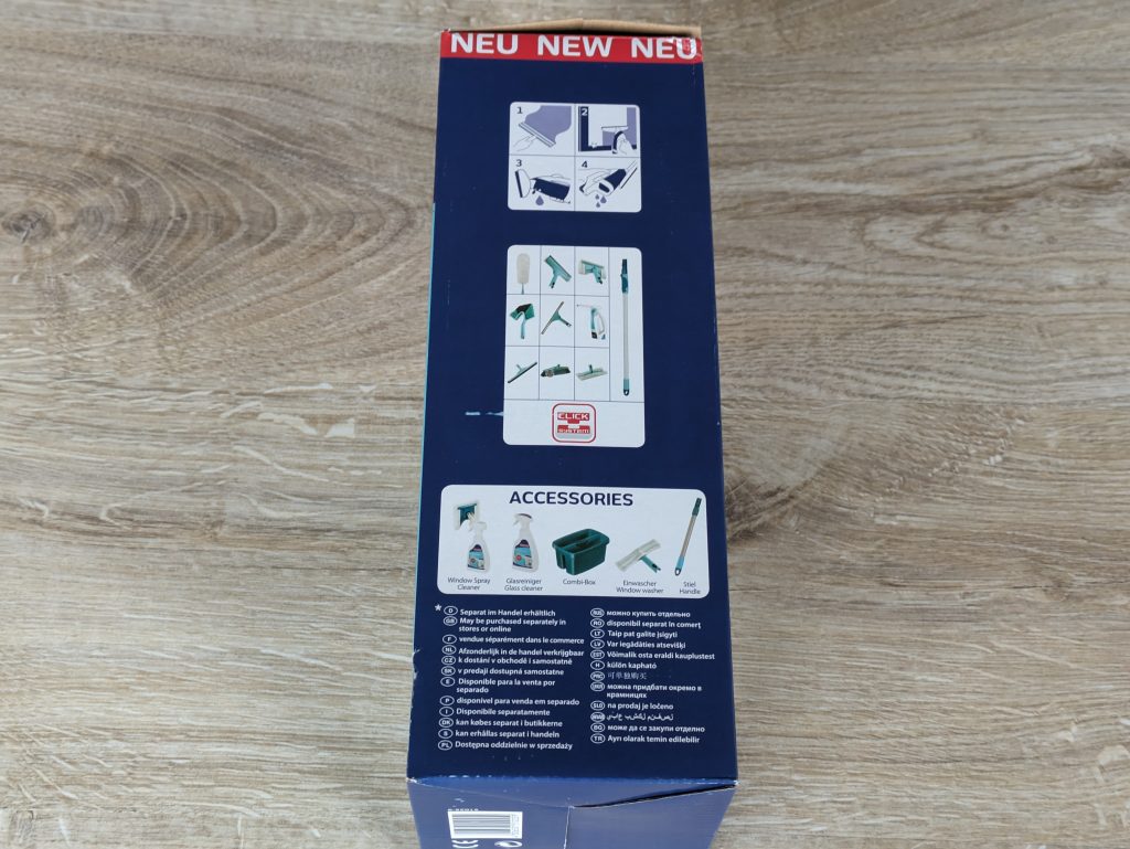 Verpackung des Leifheit Aquanta Click Fenstersaugers von rechts