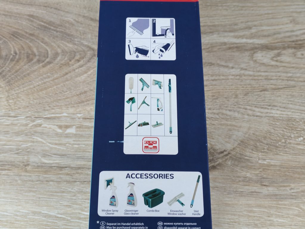 Verpackung des Leifheit Aquanta Click Fenstersaugers von rechts in der Nahansicht