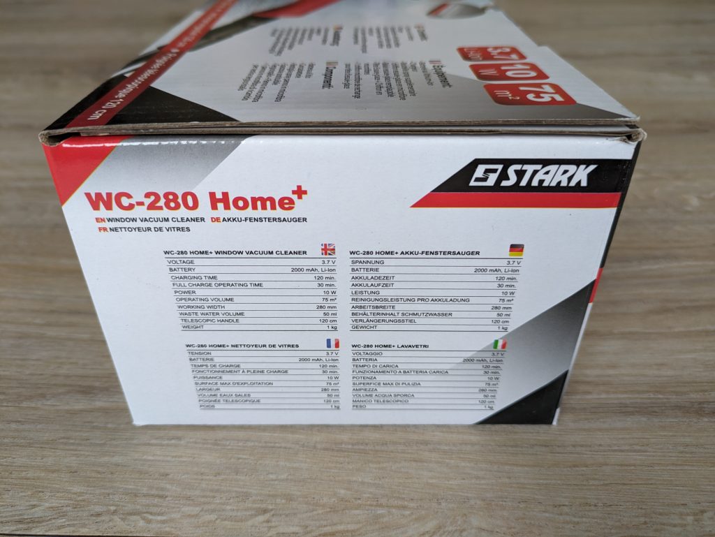 Verpackung des STARK WC 280 Home+ Fenstersaugers von links