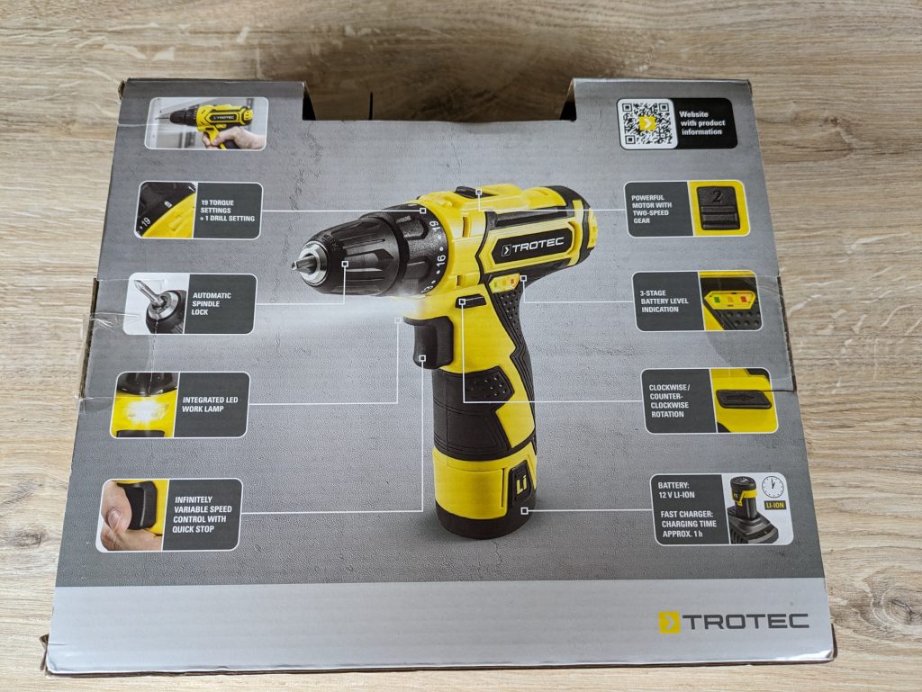 Verpackung des TROTEC PSCS 11-12V Akkuschraubers von hinten