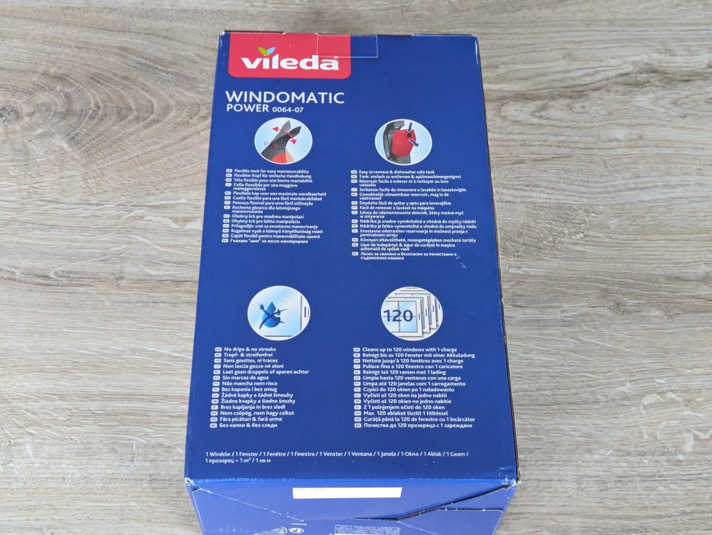 Verpackung des Vileda Windomatic Power Fenstersaugers von hinten