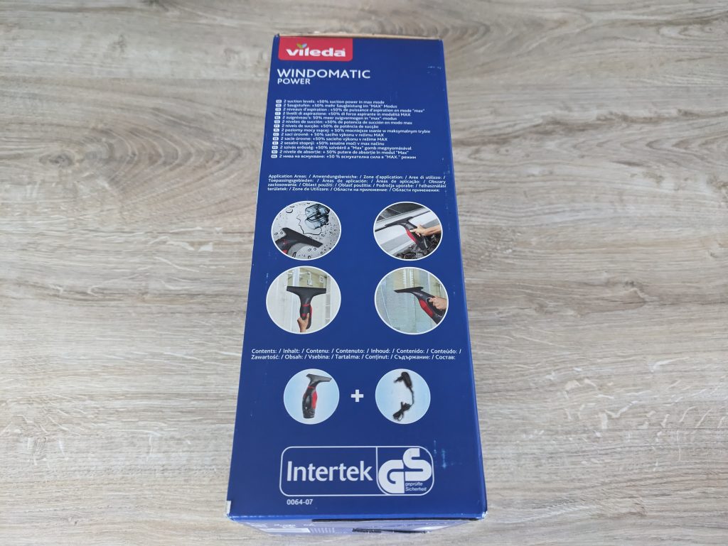 Verpackung des Vileda Windomatic Power Fenstersaugers von links