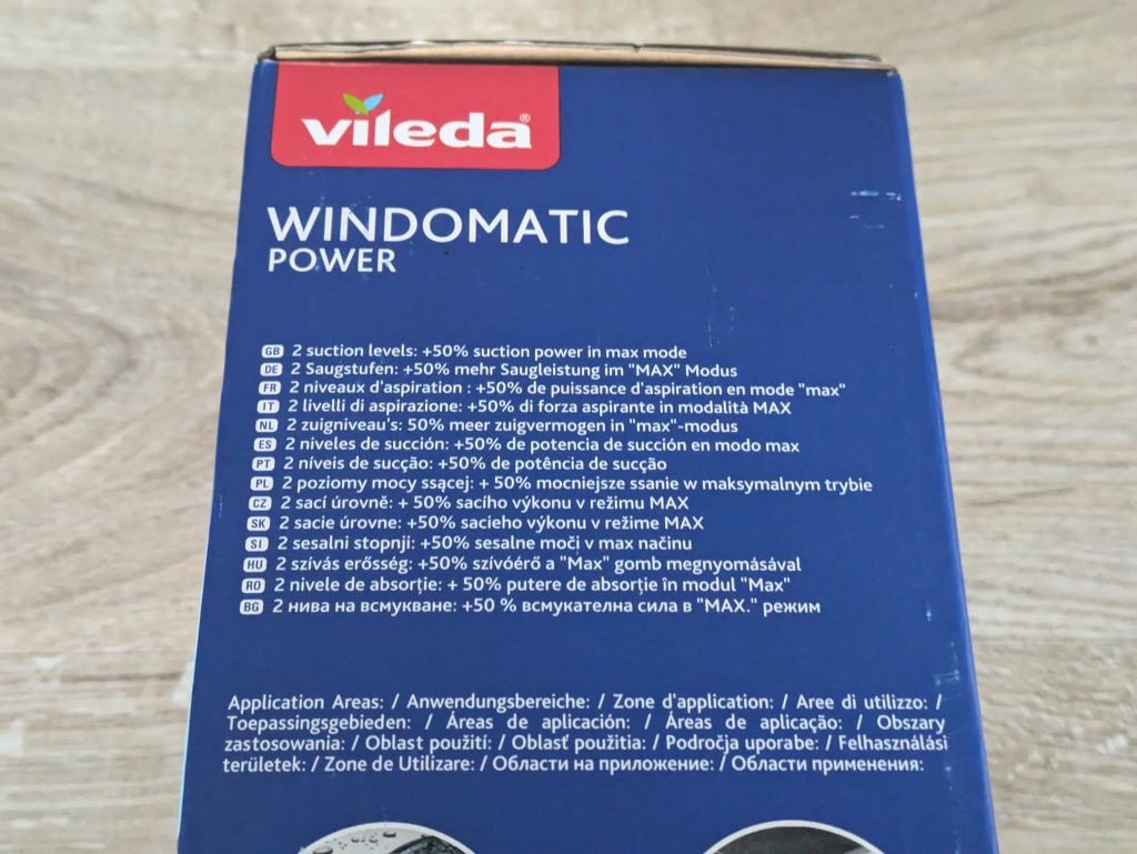 Verpackung des Vileda Windomatic Power Fenstersaugers von links erste Nahansicht