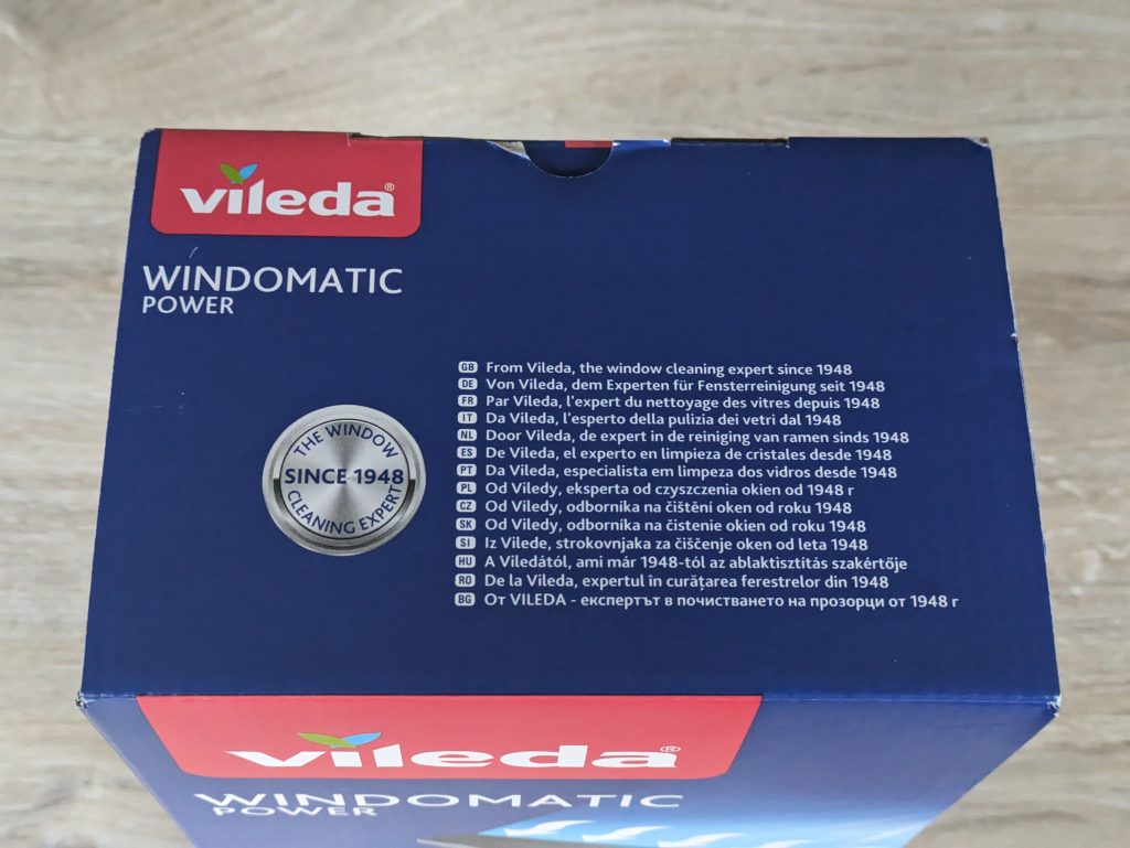 Verpackung des Vileda Windomatic Power Fenstersaugers von oben