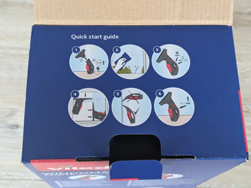Verpackung des Vileda Windomatic Power Fenstersaugers von oben mit Anleitung