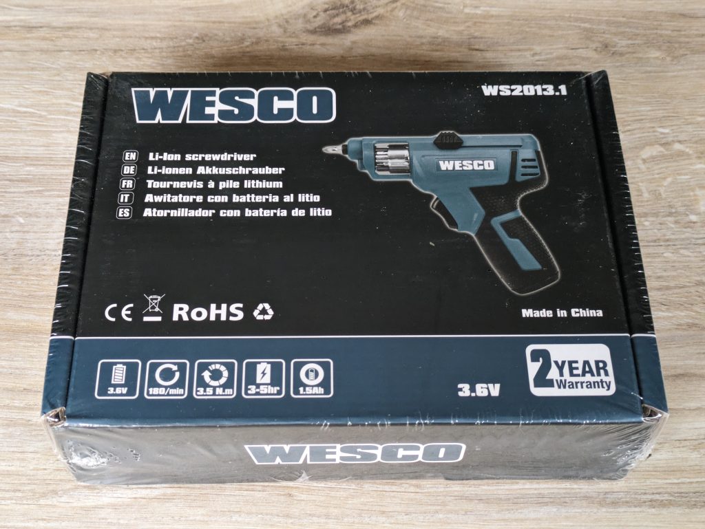 Verpackung des WESCO WS2013 WS2103.1 CSD40Q Akkuschraubers von vorne