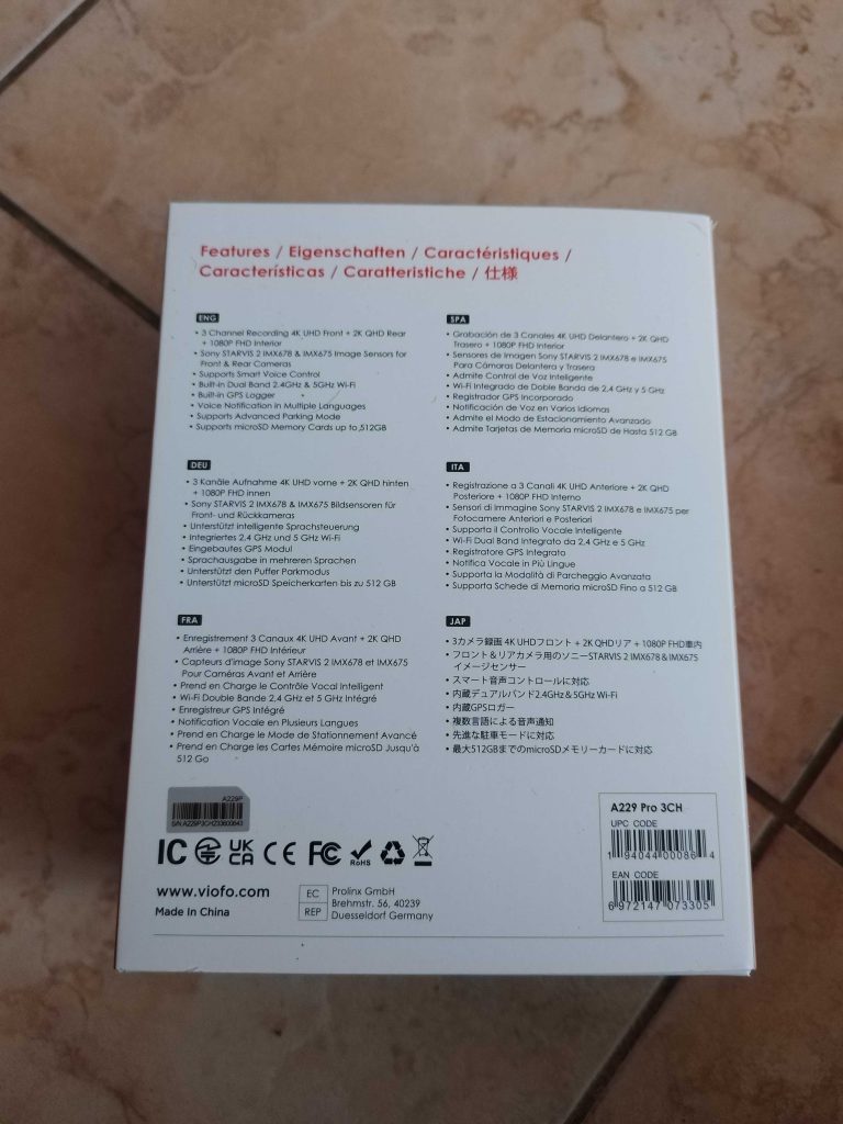 Viofo A229 Pro 3CH Verpackung von hinten