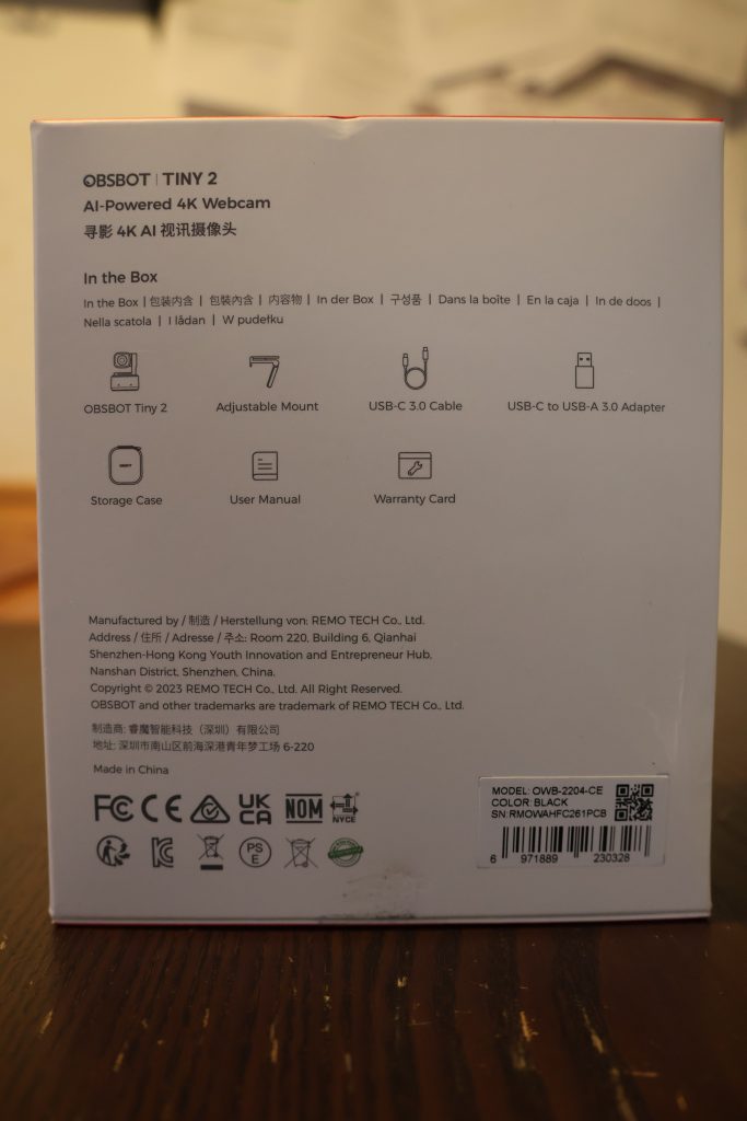 OBSBOT Tiny 2 Webcam Karton hinten