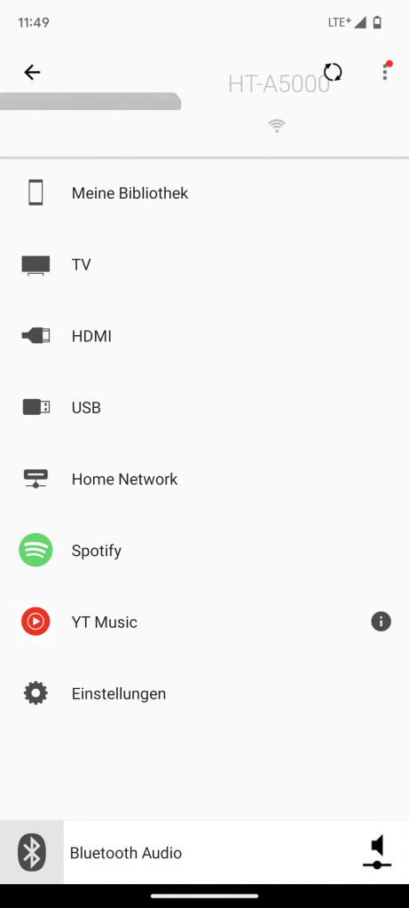 App, Quellenauswahl der Sony HT A5000 Soundbar