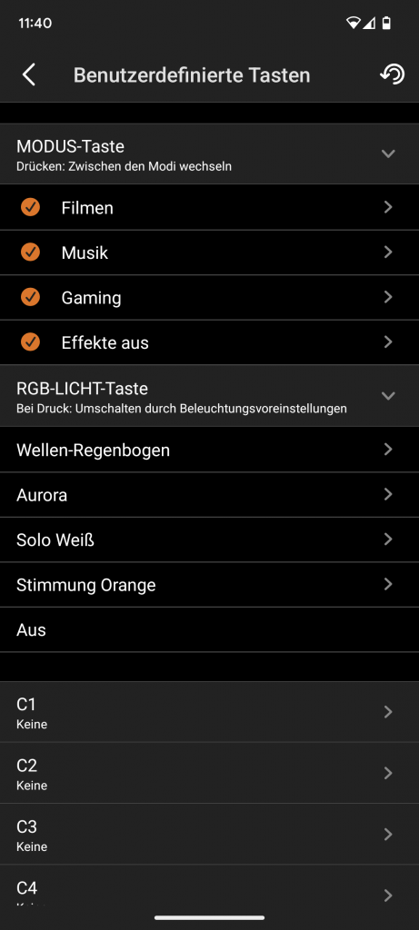 App der Creative Soundblaster Katana V2 Soundbar, Benutzer definierte Tasten in der zweiten Ansicht
