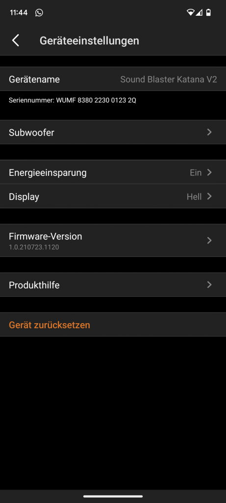 App der Creative Soundblaster Katana V2 Soundbar, Einstellungen