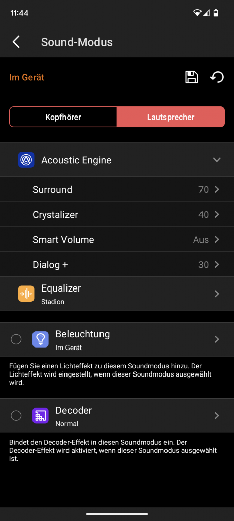 App der Creative Soundblaster Katana V2 Soundbar, Soundmodus