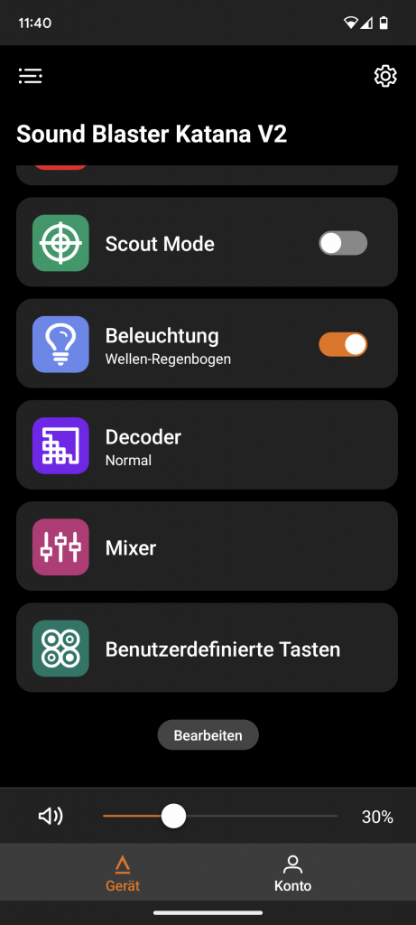 App der Creative Soundblaster Katana V2 Soundbar, dritte Ansicht der Hauptansicht