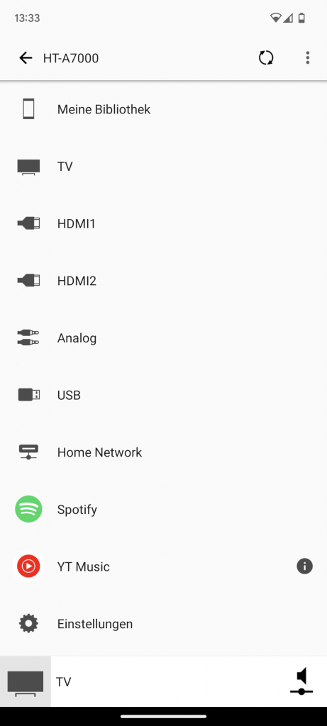 App der Sony HT A7000 Soundbar, zweite Ansicht der Quellen