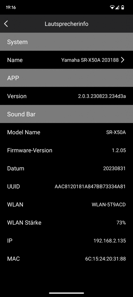 App der Yamaha True X Bar 50A Soundbar, Lautsprecherinfo